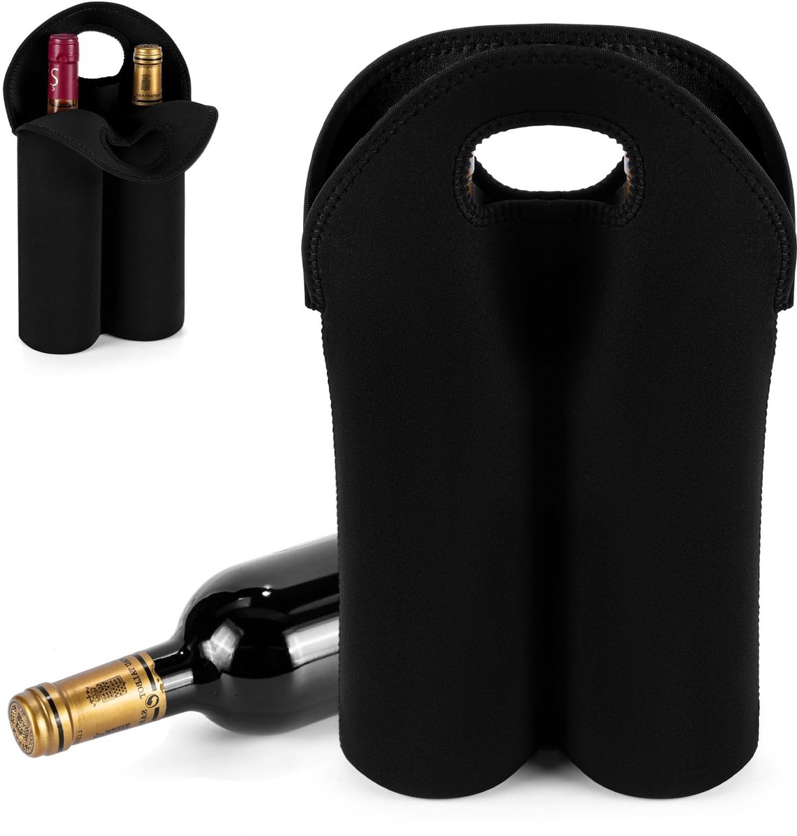 Dailygoods- Flessendrager 2 Vakken - Neopreen Flessentas - Herenhandtas voor Wijnfles - Robuust en Functioneel - Ideaal voor Picknick - Comfortabel in Gebruik - Wijnflessentas