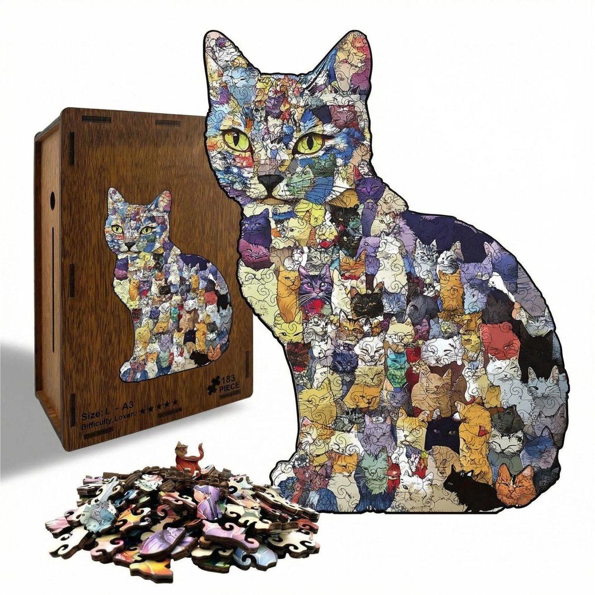 Ryoudavell - Houten Puzzel voor Volwassenen - Kattenpuzzel - Houten Puzzel - puzzel - 183 Stukjes - spaarpot volwassenen - FSC-gecertificeerd hout (Formaldehyde-vrij) -stijl - Cadeau & Decoratie - 21 x 32 cm - Niet compatibel met LEGO