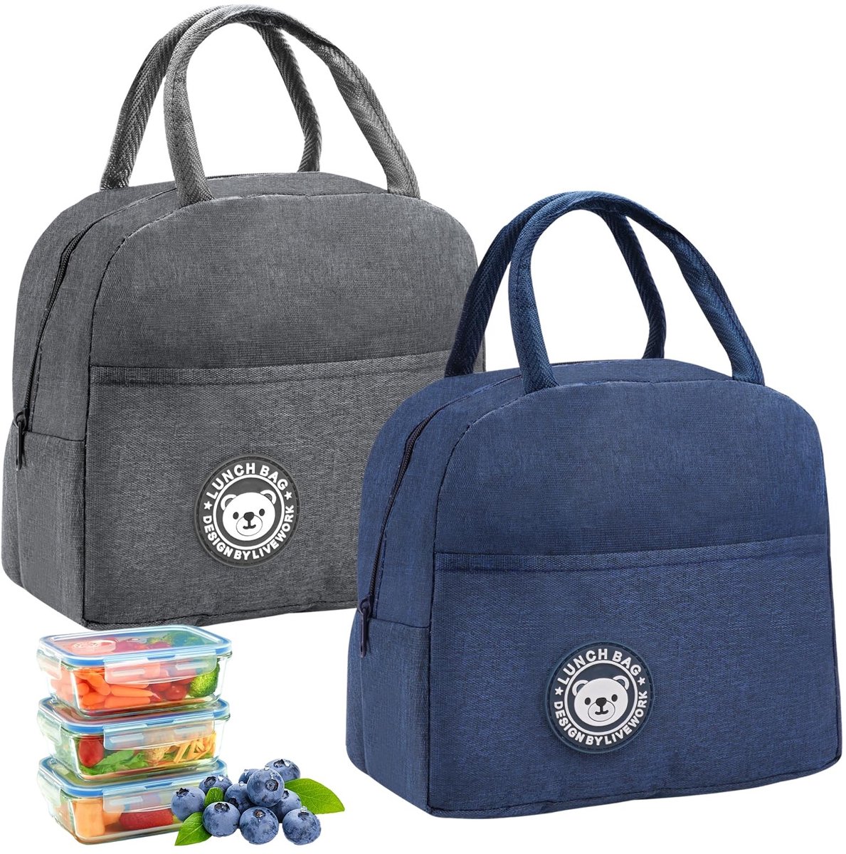 Dailygoods- Lunchtas 2 Stuks - Draagbare Koeltas 7L - Thermotas met Aluminiumfolie - Voedseltas voor Werk/School - Versterkt Handvat - Marineblauw/Grijs