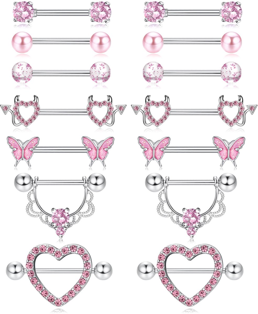 Dailygoods- Tepelpiercing 7 Paar - Chirurgisch Staal - Hypoallergeen - Verschillende Ontwerpen - AAA+CZ Inleg - Comfortabel en Glad - Piercing