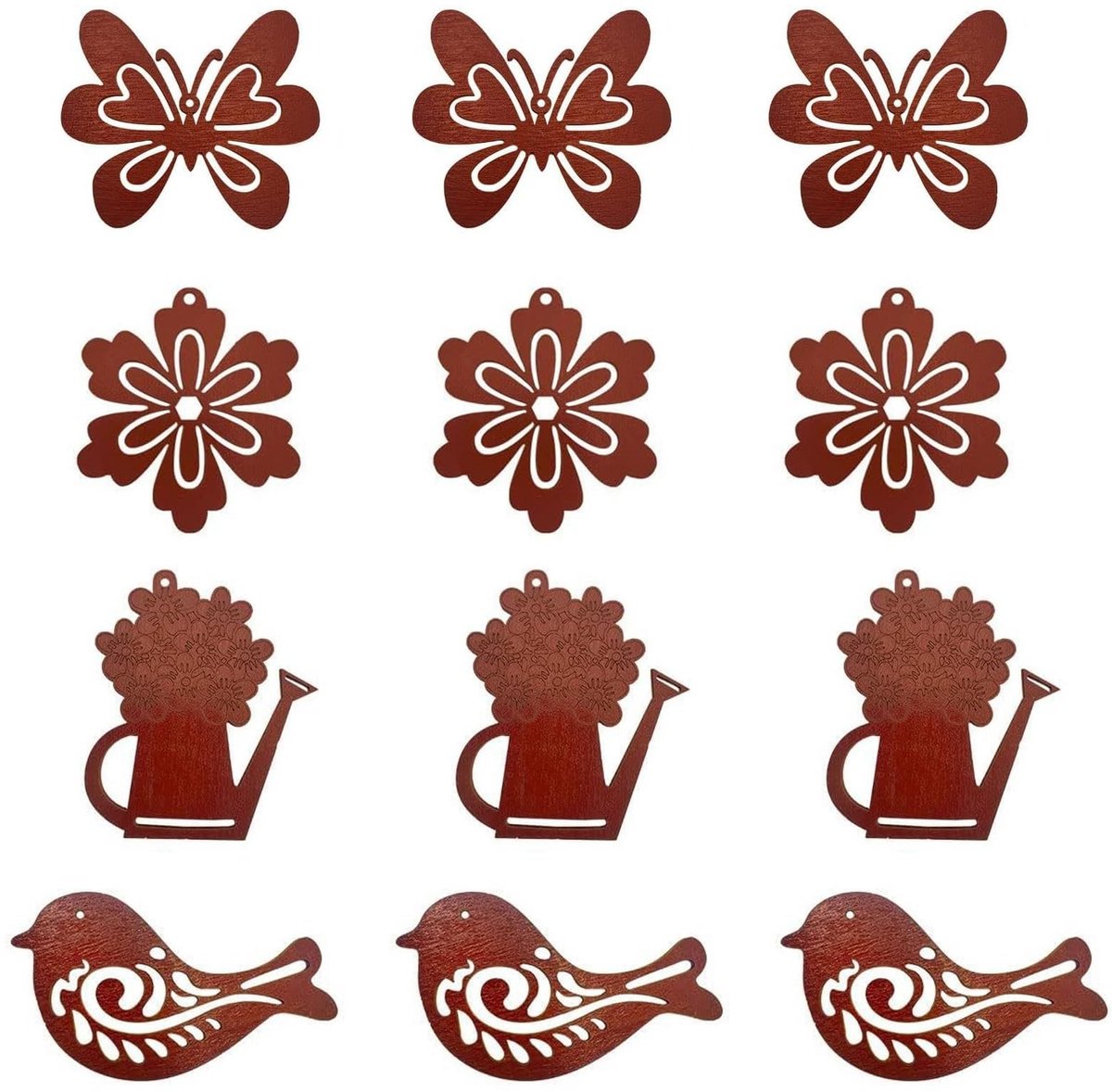 Dailygoods- Houten Decoratie 12 Stuks - Houten Decoratie Hangers - Vogel/Vlinder/Bloem/Gie