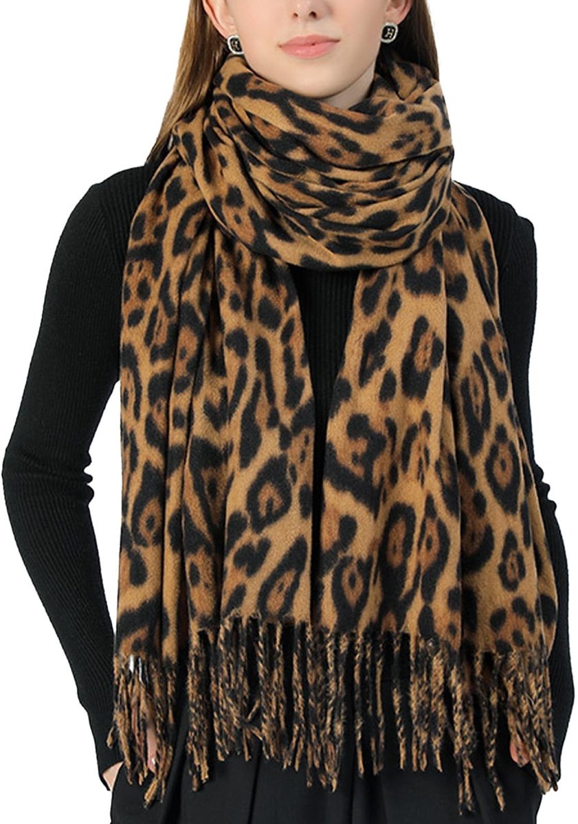 Dailygoods- Sjaal Dames Luipaardpatroon - Wintersjaal - Zachte Sjaal - Warme Sjaal - Cadeau voor Koud Weer - 35 x 200 cm - Dameshalsdoek