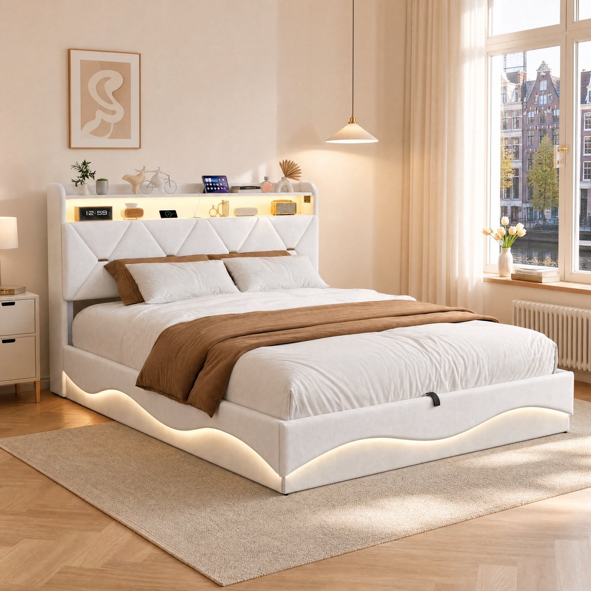 Opbergbed 140x200 cm wit fluweel met opberghoofdbord, RGB LED-verlichting, USB-oplaadpunt en hydraulische opbergruimte