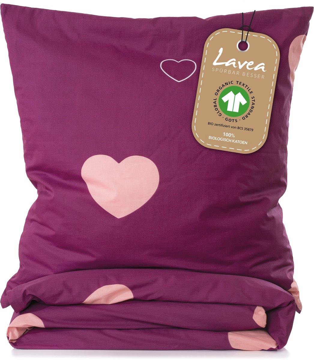 Lavea® Kinderbeddengoed van 100% biologisch katoen – 1 dekbedovertrek 135x200 cm + 1 kussensloop 80x80 cm – Zacht, ademend – Hartjesmotief Bordeaux & Roze