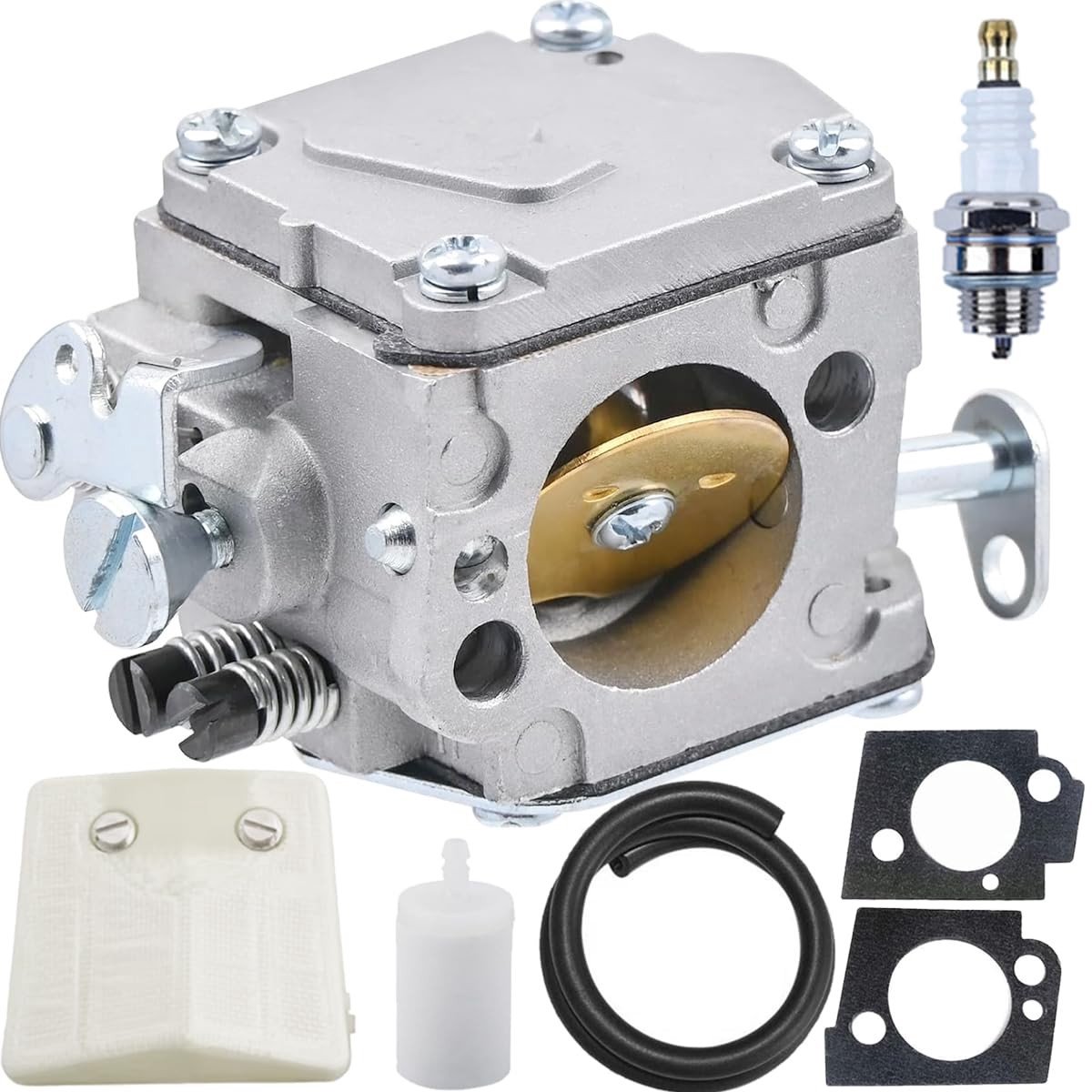 Dailygoods- Carburateur met Luchtfilter - Geschikt voor Husqvarna 61/268/272 - Tillotson HS-254B/HS-260A/HS-260S - Inclusief Bougie/Brandstoffilter - Onderdeelnummer 503280316/574331601 - Motoronderdeel