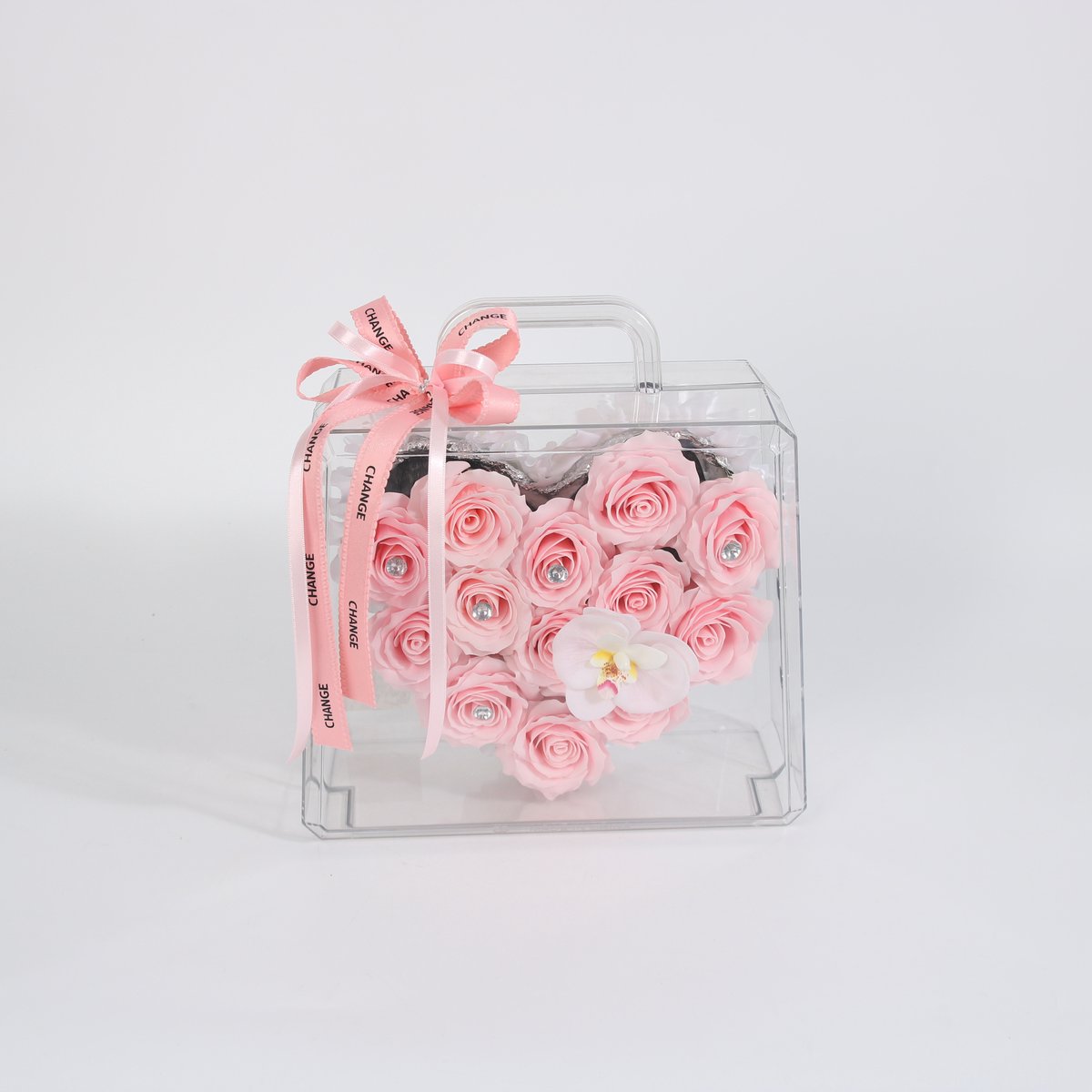 La Roselle Amsterdam Luxe Hart van Blush Roze Kunstrozen in Transparante Handtas – Roze Rozen met Kristalaccenten & Orchidee – Romantisch Cadeau