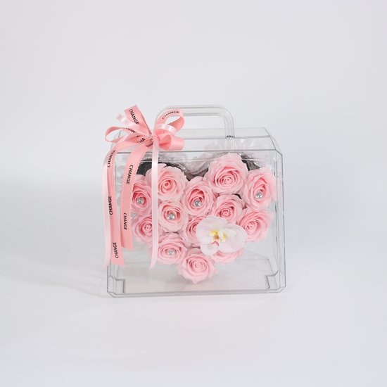 La Roselle Amsterdam Luxe Hart kunstrozen inclusief Transparante Handtas – Roze Rozen & Orchidee