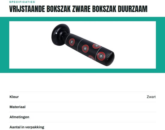 Zwarte opblaasbare bokszak met genummerde rood-witte doelwitten, liggend op een witte achtergrond.