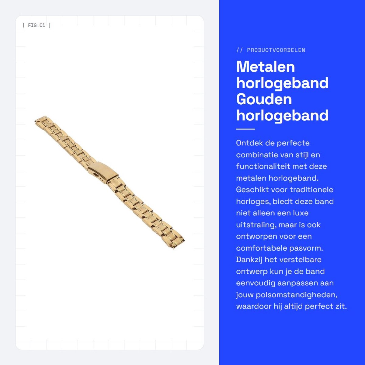 Golden crown - Metalen horlogeband - Gouden horlogeband - Verstelbare dubbele slotgesp - Roestvrij staal - Luxe en duurzaam - Geschikt voor traditione