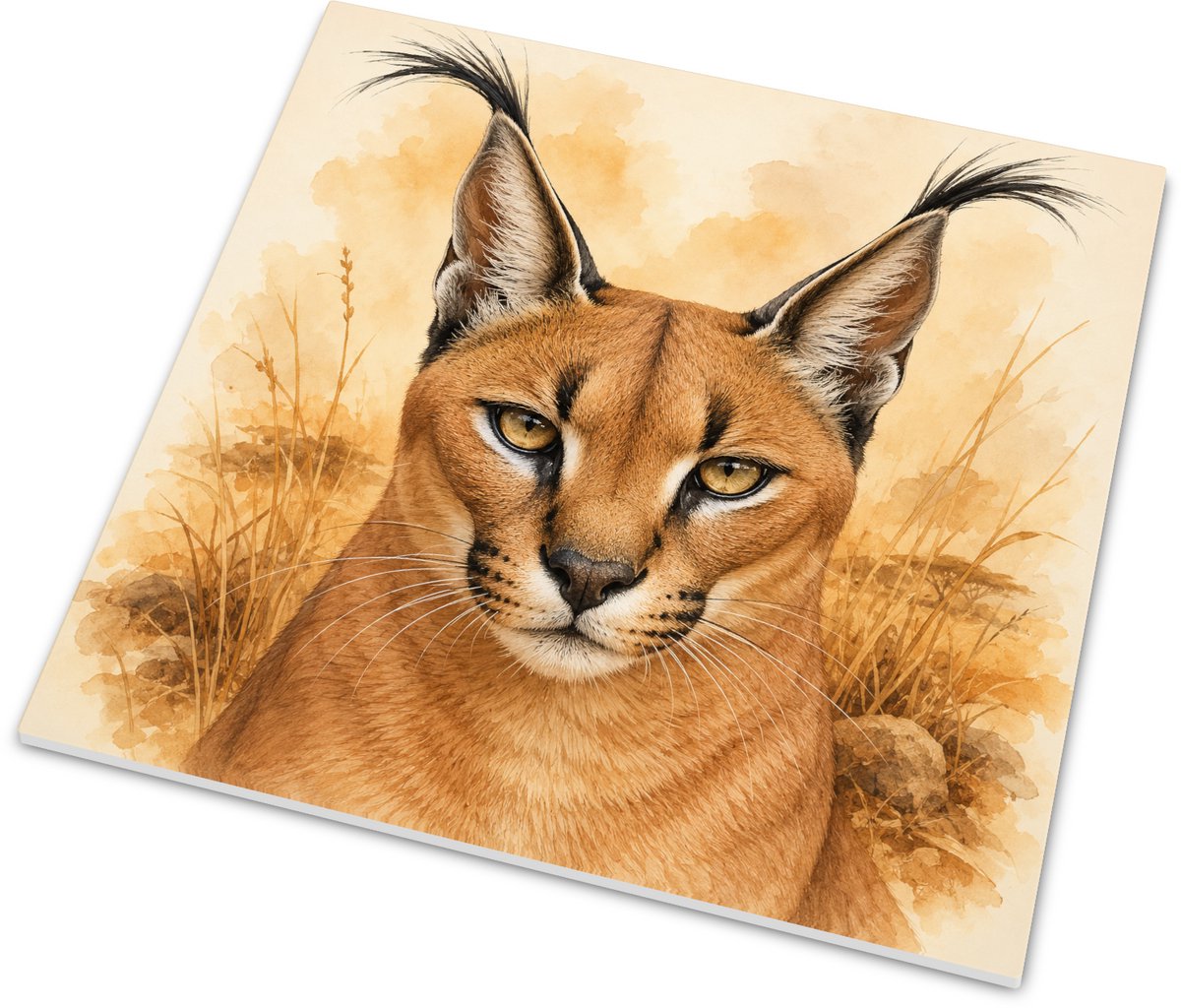 Glanzend Wandtegeltje met Elegante Caracal en Schilderachtige Oker Gele Aquarel - Exotisch