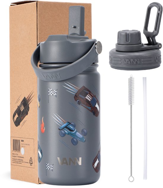 VANN® 3-Wandige Drinkfles en Schoolbeker voor kinderen met rietje in 1 – 400 ML – RVS – Met 4 accessoires – 24 uur koud/12 uur warm – Cars