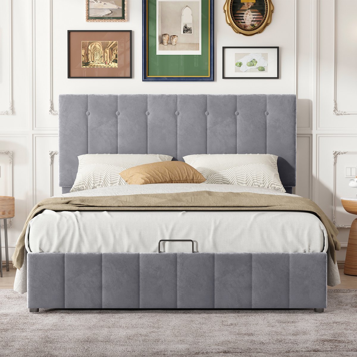 VVBV Bed met opbergruimte 140x200 / Gestoffeerd bed 140x200 / Tweepersoonsbed 140x200 – met Hydraulische Opbergruimte, Lattenbodem – Tienerbed – Fluweel Gray