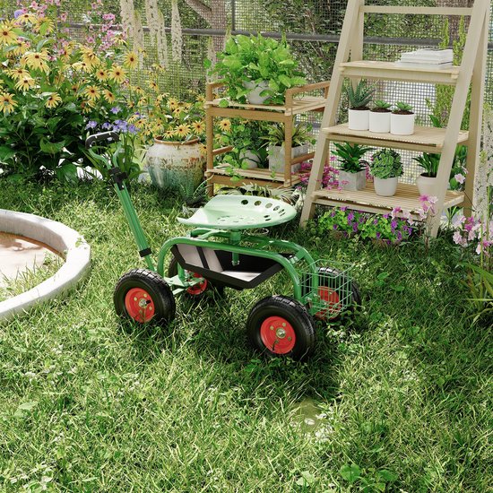 Zware tuinwagen met 360° draaibare zitting - verstelbaar handvat en opbergmand voor tuingereedschap — afbeelding 4
