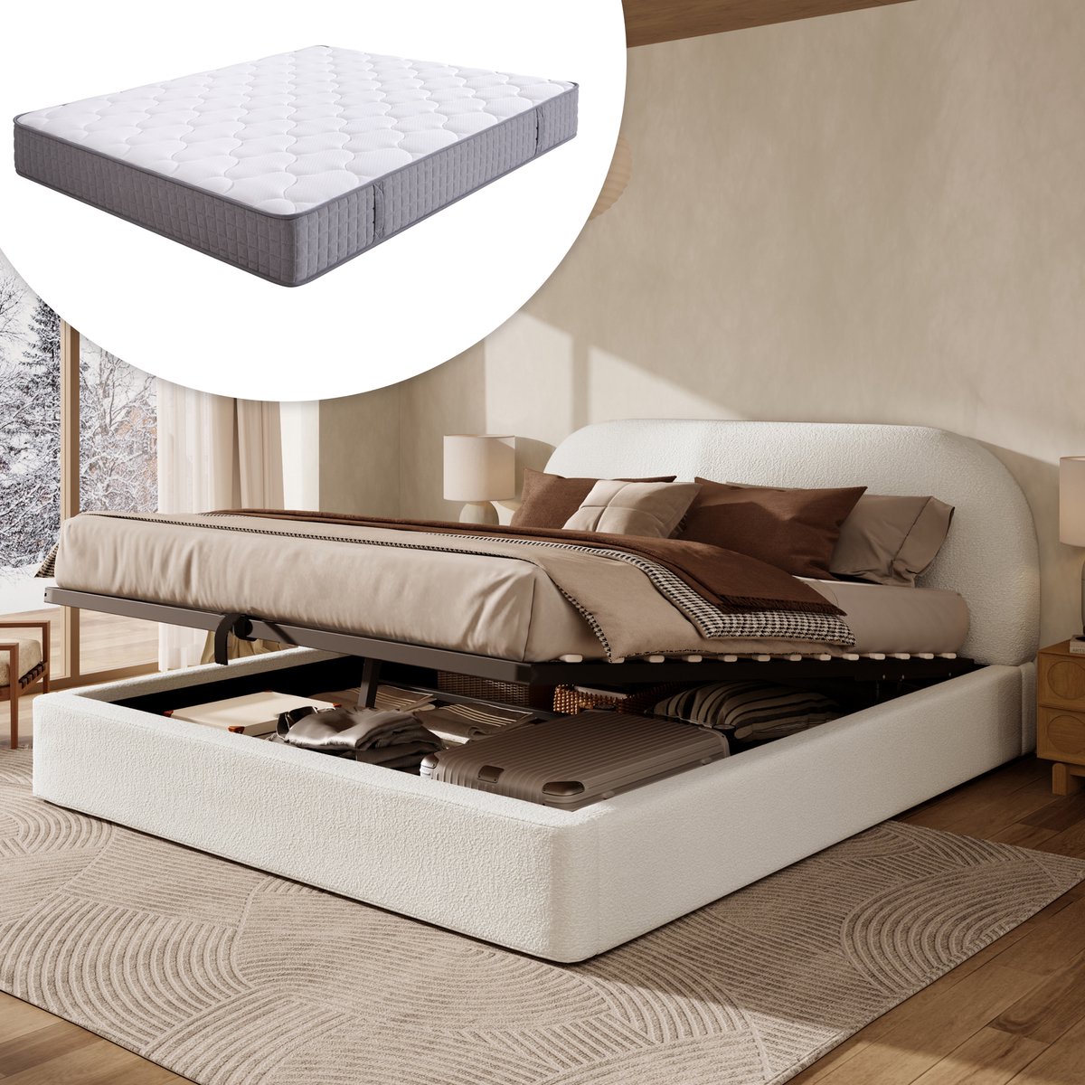 Merax Gestoffeerd bed 180 x 200 cm - met bedbodem en hoofdeinde - veel opbergruimte - beige - inclusief matras