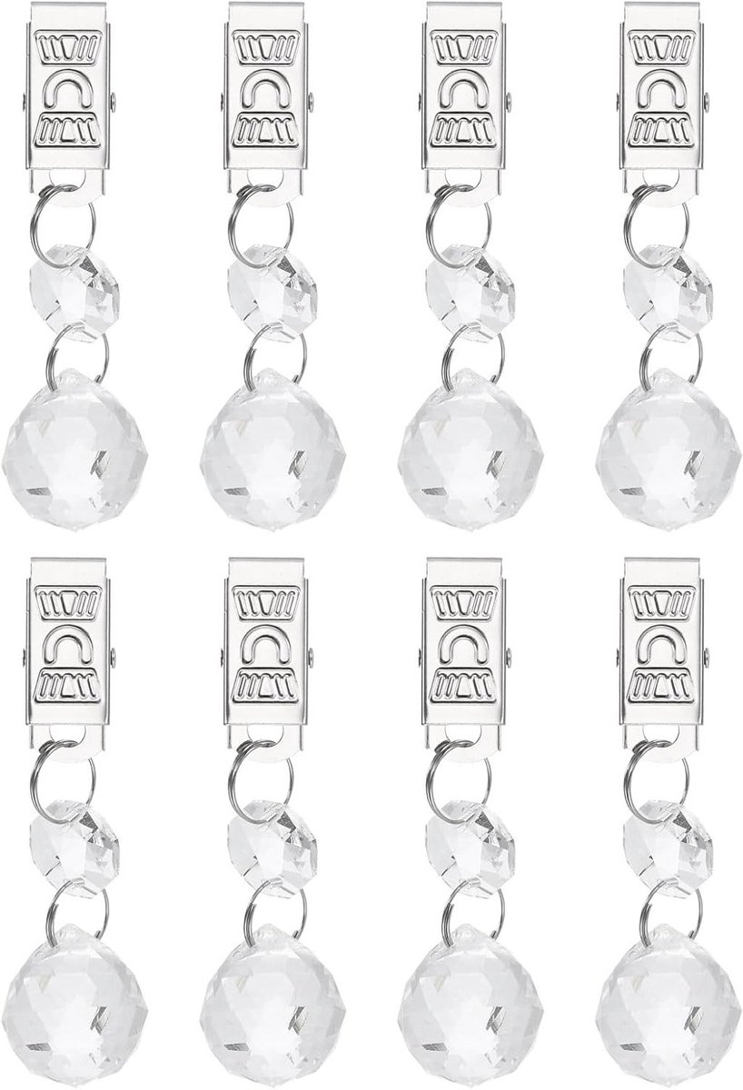 8 stuks tafelkleedgewichten van kristalglas met metalen clips, bolvormig en transparant, i