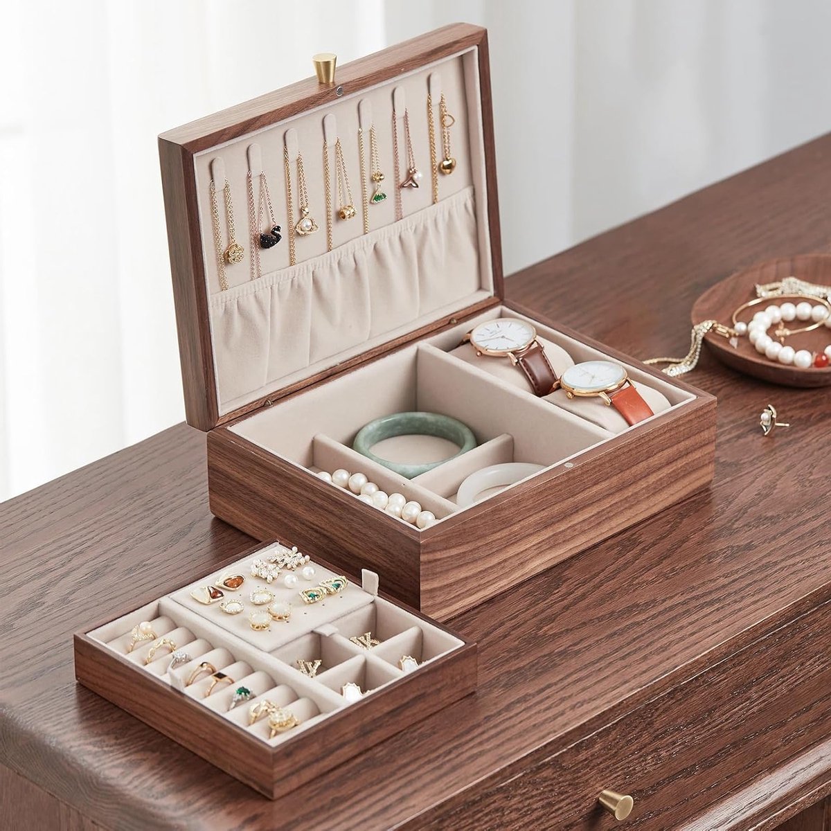 Houten Sieradenbox met 2 Lagen en Verwijderbare Tray voor Horloges, Ringen, Oorbellen en Kettingen - Perfect Cadeau voor Moederdag