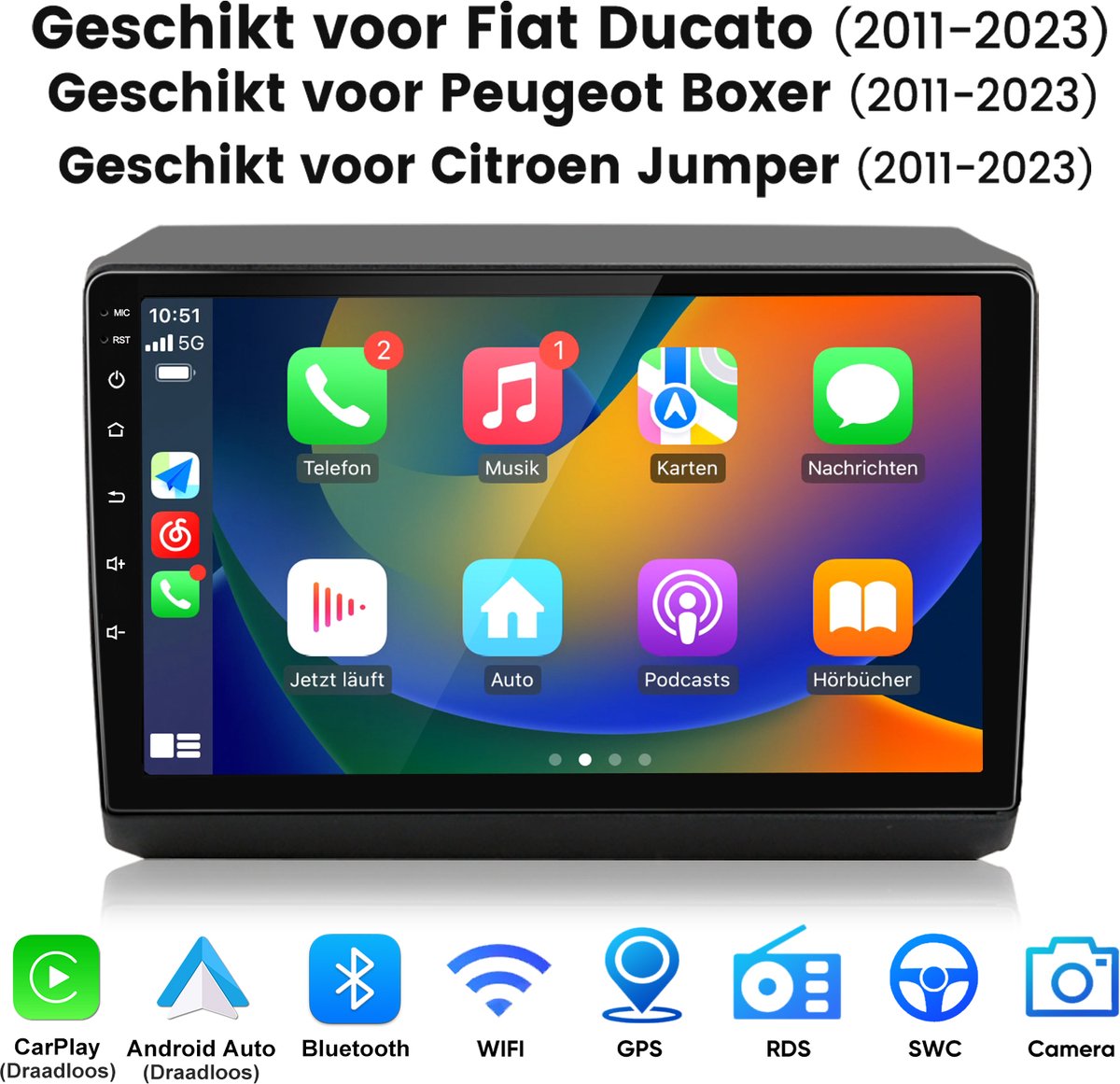 Junsun Android 15 Autoradio met Draadloze CarPlay & Andriod Auto, Geschikt Voor Fiat Ducato/Peugeot Boxer/Citreon Jupmer 2011 t/m 2024, 2GB+64GB, , DAB+, GPS-Navigatiesystem, Bluetooth, WIFI, RDS, 9-inch HD Touchscreen, USB, DSP, Quad-core processor
