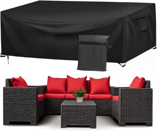 Zwarte hoes voor een U-vormige loungeset met rode kussens, inclusief opberghoes en de loungeset zonder hoes.