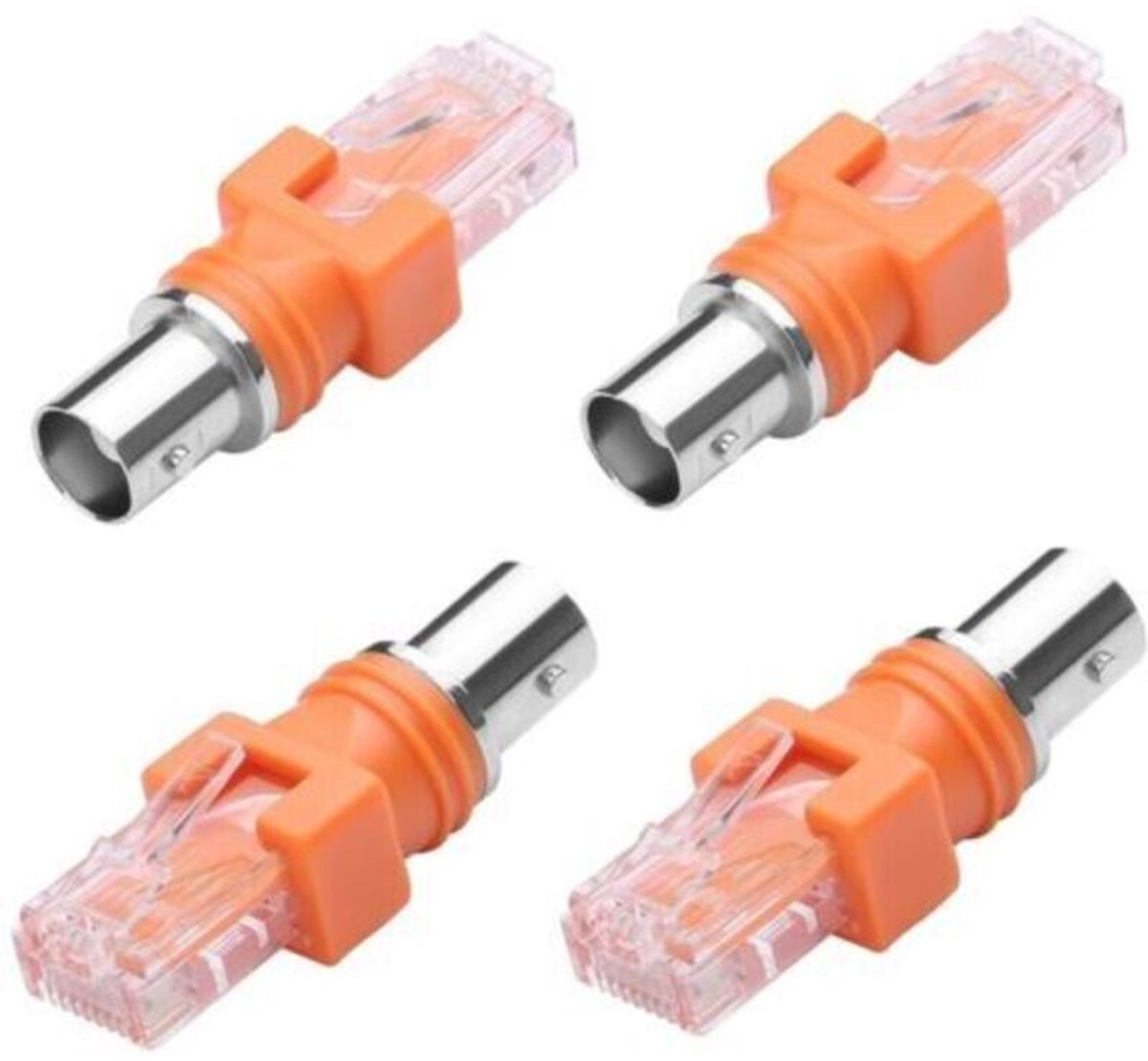 Set van 4 BNC naar RJ45 female naar RJ45 male adapters met coaxiale connectoren, geschikt voor lijnmeters (oranje).