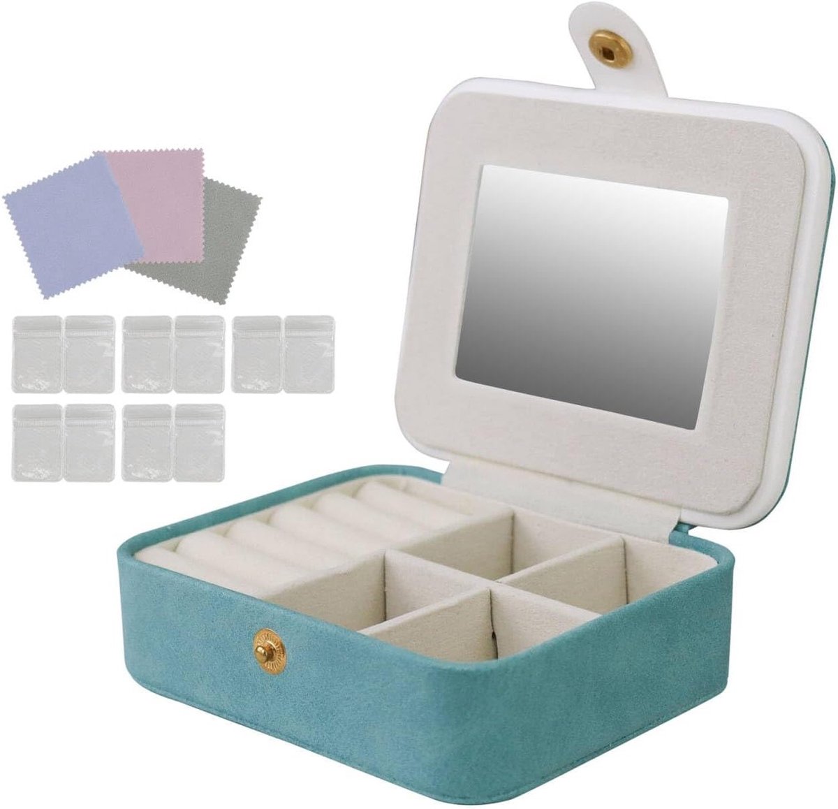 Compacte Sieradenbox met Spiegel, 10 Zakjes en 4 Verwijderbare Compartimenten, Perfecte Organizer voor Kettingen, Oorbellen en Ringen (Groen)