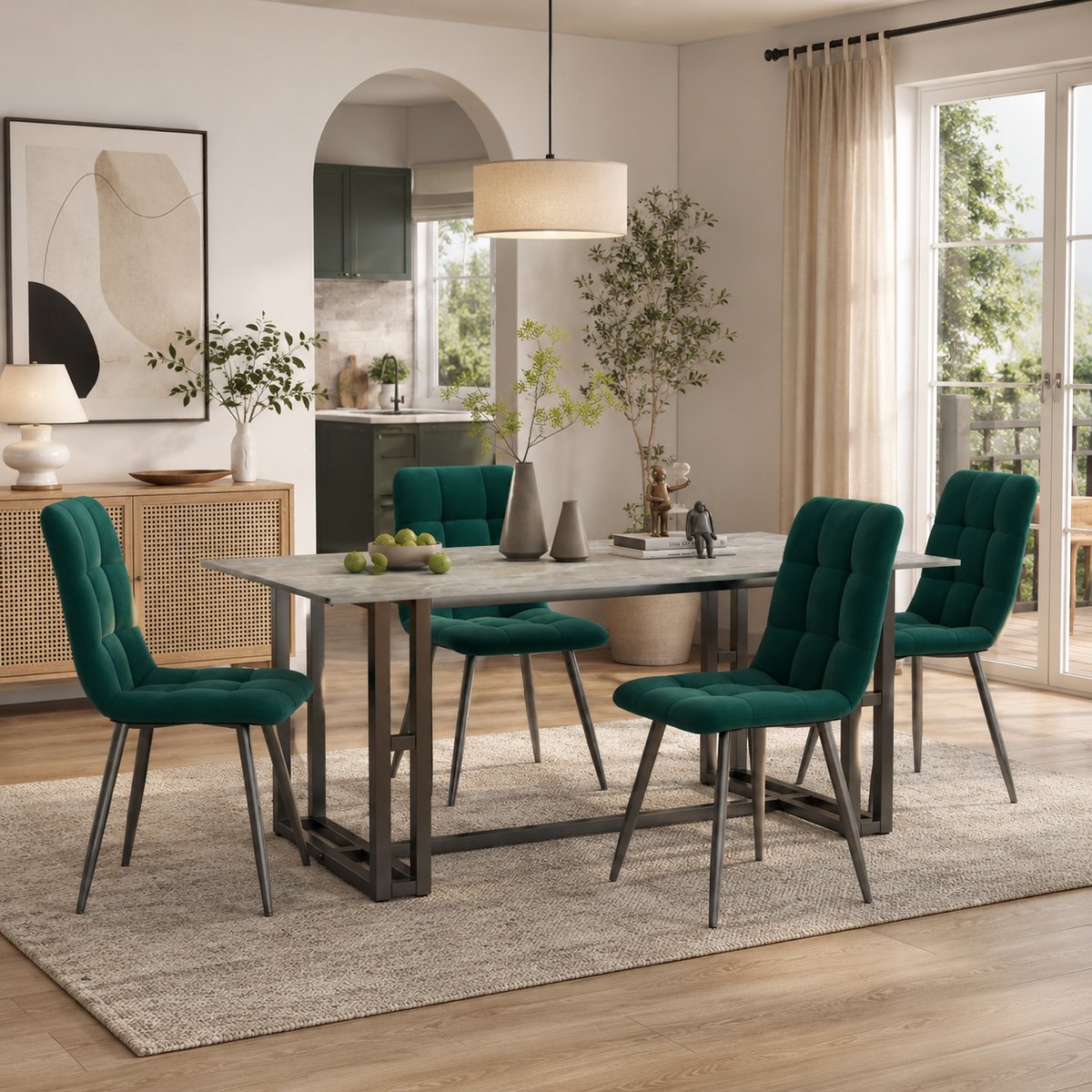 Eetkamerstoelen - Set van 4 - Moderne met stof beklede keukenstoelen - Metalen Poten - Stoel - Fluweel - Boerderij eetkamerstoel- voor Keuken, Eetkamer - Groen