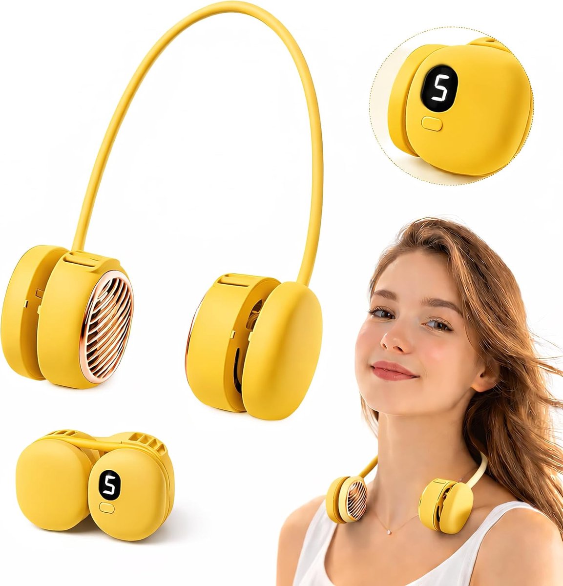 Draagbare Nekkoelventilator Lichtgewicht – Handsfree Nekventilator 5 Snelheden – Multistandig voor Binnen en Buitengebruik – Geel