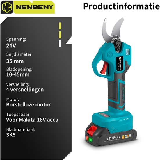 NewBeny Elektrische Snoeischaar - 35mm- Accu Snoeischaar - Takkenschaar - met 2× batterijen - Heggenschaar - Voor Snoeien van Takken & Heggen van Newbeny — afbeelding 3