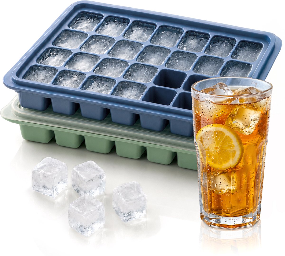 VITAMO™ Siliconen IJsblokjesvorm met Deksel (2 Stuks) - 56 IJsblokjes - BPA Vrij - Groen & Blauw