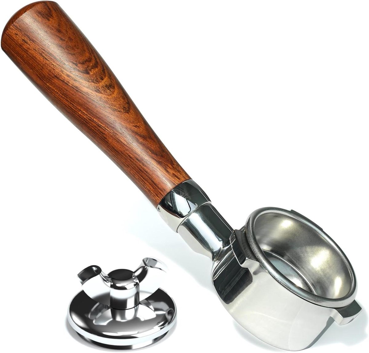 Bodemloze Portafilter Dubbele Tuit Adapter Espresso Bereiden Massief Hout Handvat 54 mm Zilver