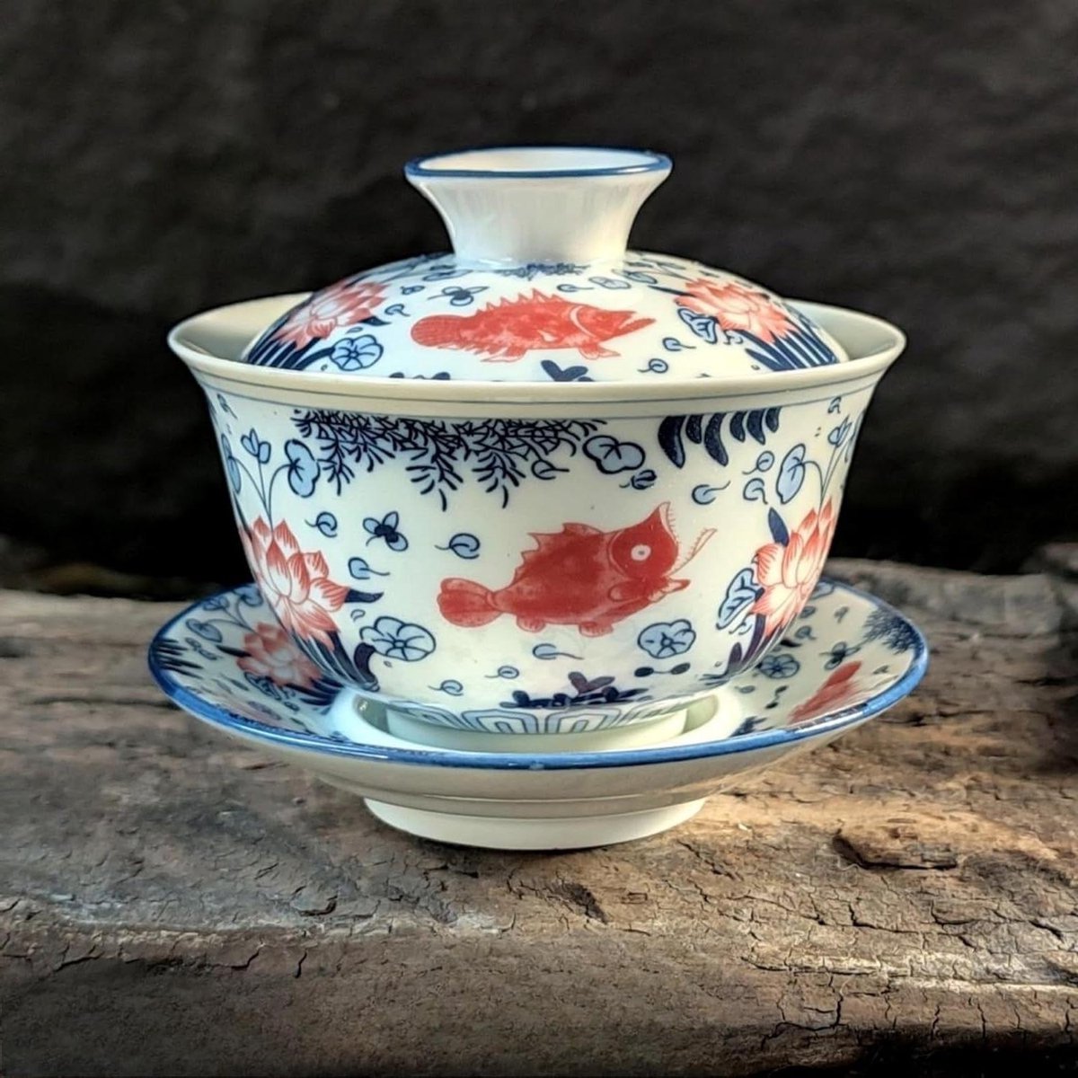 Porselein Gaiwan - Thee kom - Kung Fu thee - Handgetekende stijl - 140ml - Blauw Wit