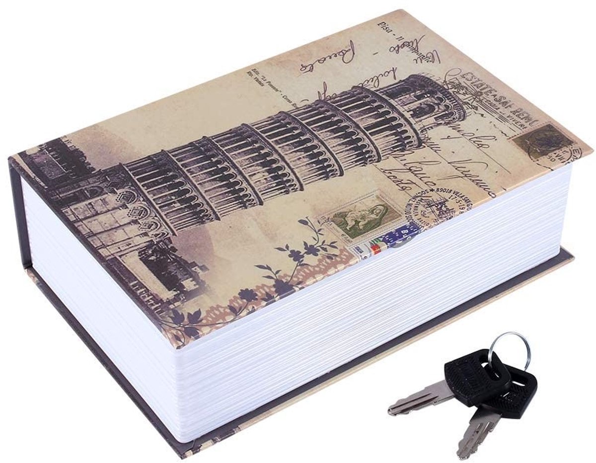 Dailygoods - Dailygoody - Woordenboek boekkluis - Geheime beveiligingsdoos - Pisa scheve toren type - Metallic - Spaarpot met combinatieslot - Perfect voor ve