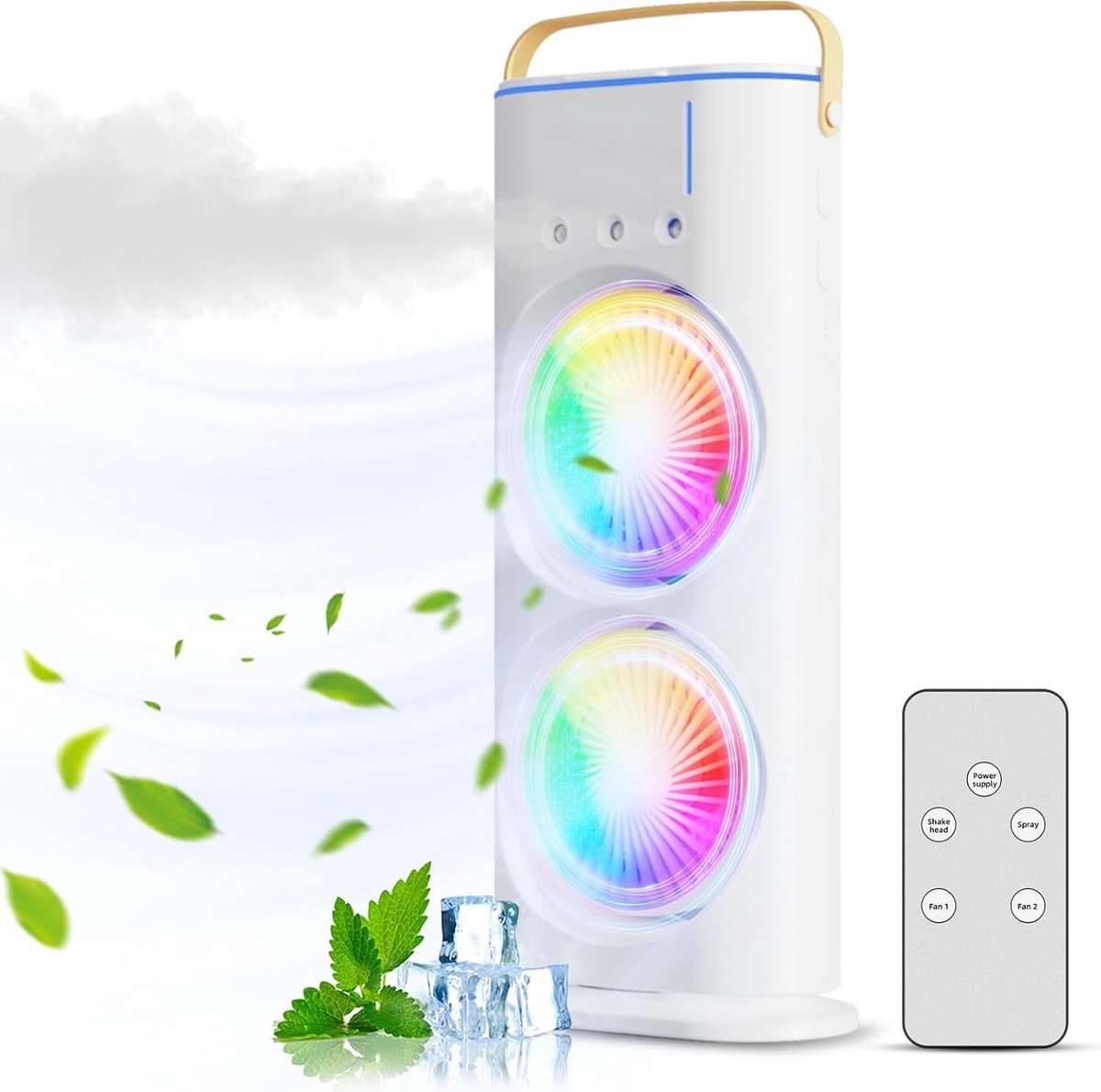 aircooler met water of ijs-aircooler met koelelementen-ventilatorlamp met afstandbediening-Draagbare USB-ventilator met drie snelheden en vernevelingsfunctie- 7-kleurige LED-luchtkoeler - oplaadbare luchtkoeler met een waterreservoir van 280 ml - wit
