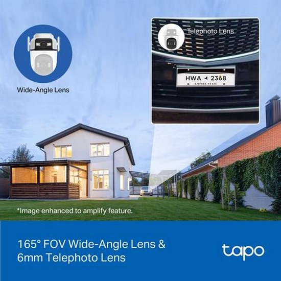 Tapo C545D beveiligingscamera met 165° groothoeklens en 6mm telelens. Getoond op een huis met nummerbord HWA 2368.