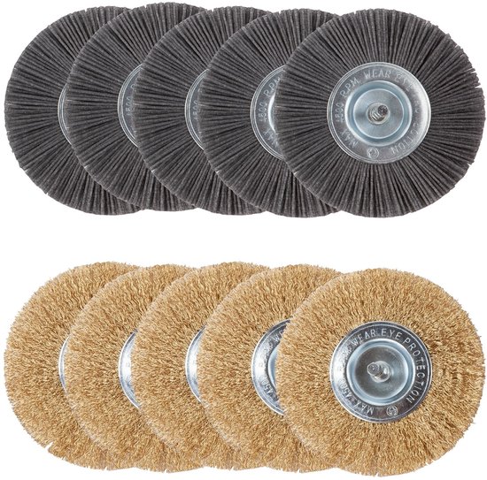 Set van 5 grijze nylon en 5 goudkleurige stalen borstels voor onkruidverwijderaar.