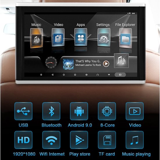 Hoofdsteun Monitor - Auto Scherm - Reizen met kinderen - 10.1 Inch IPS Touchscreen - 1024x600 Resolutie - Zwart — afbeelding 4
