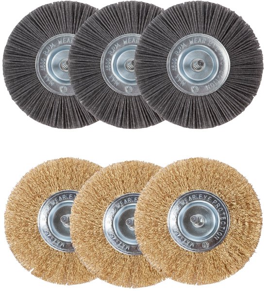 Drie donkergrijze nylon en drie goudkleurige stalen onkruidborstels, elk met een metalen middenstuk.