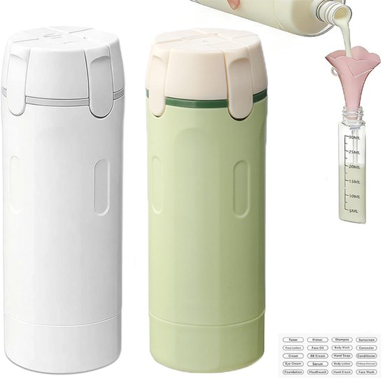 4-in-1 Reisdispenser - 2 Stuks - Doseerflessen - Met Dispenser -Reisset - Reisaccessoires - Cosmetica Potjes - Reis Flesjes - Reis Flesjes Navulbaar - Draagbaar - Lekvrije Reisverpakkingen - Geschikt Voor Shampoo, Lotion, Conditioner En Crème