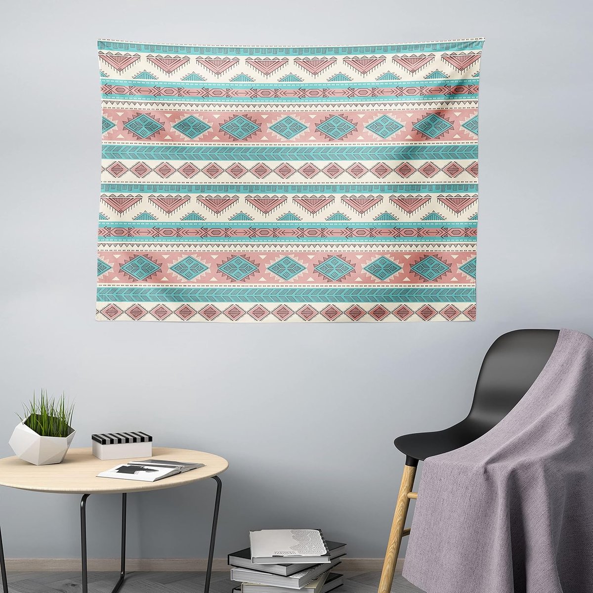 ABAKUHAUS Tribale Wandtapijt, Azteekse kunststijl, woonkamer slaapkamer wanddoek zijdezacht satijnen wandkleed, 200 x 150 cm, Perzikcrème Aqua Perzikroom Aqua
