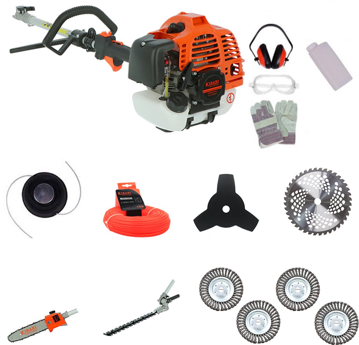 Kibani 6-in-1 Multitool incl 4 onkruidborstels- 52 cc - 1.9 PK 2-takt Benzine Motor - Heggenschaar - Kettingzaag - Grastrimmer - Maaidraad 100M - Onkruidborstel - Zaagblad - Maaidraad 100m - Bosmaaier - Combitool
