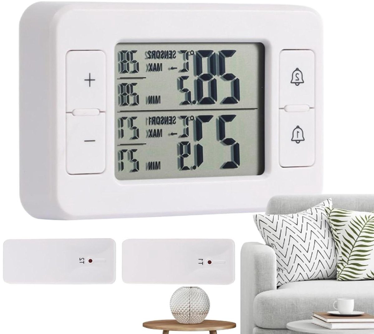Koelkast Temperatuur Meetinstrument - Draadloze Thermometer - Temperatuur Bewaken - Dubbele Draadloze Sensoren - 100 Meter Bereik - Wit
