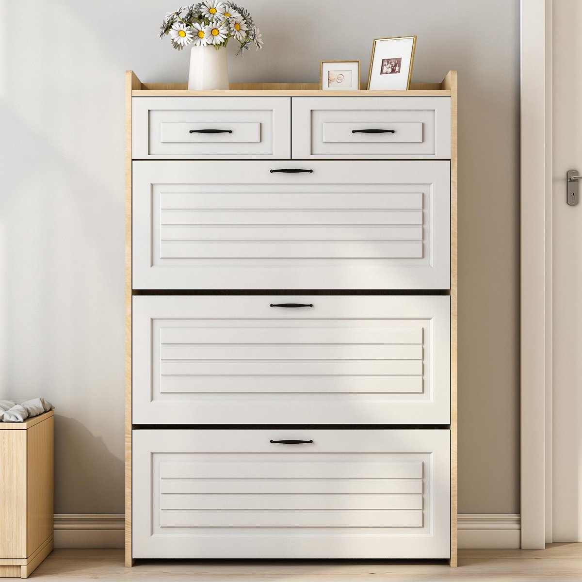 Schoenenkast - 80x23.5x131 cm wit - 3 klapdeuren & 2 laden - anti-kip beveiliging - moderne stijl