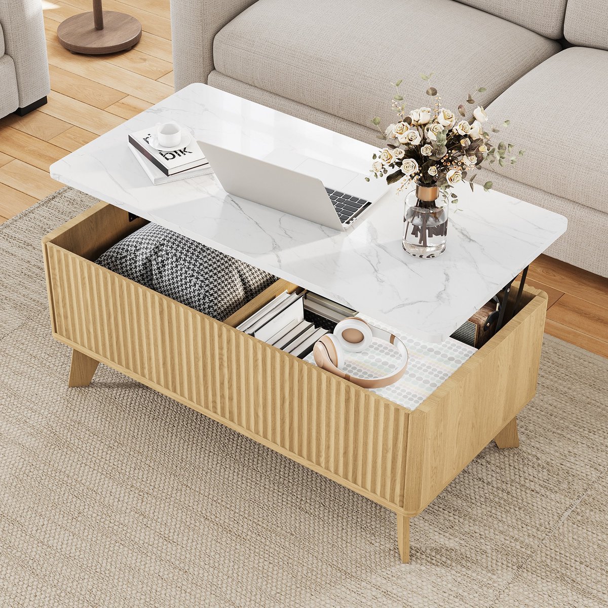 Moderne salontafel met hefblad en opbergruimte, klassieke salontafel voor de woonkamer, tafelbladafwerking in marmerlook, in hoogte verstelbare middentafel in de woonkamer, 105 x 53 x 42 cm