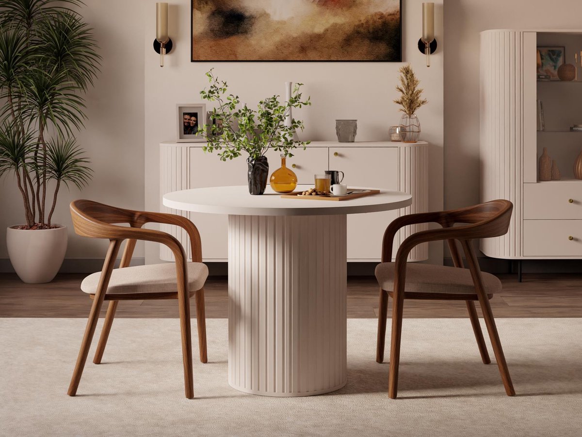 Compleo24- Ronde Eettafel- moderne Beige- 100 cm- Eettafel met geribbelde basis