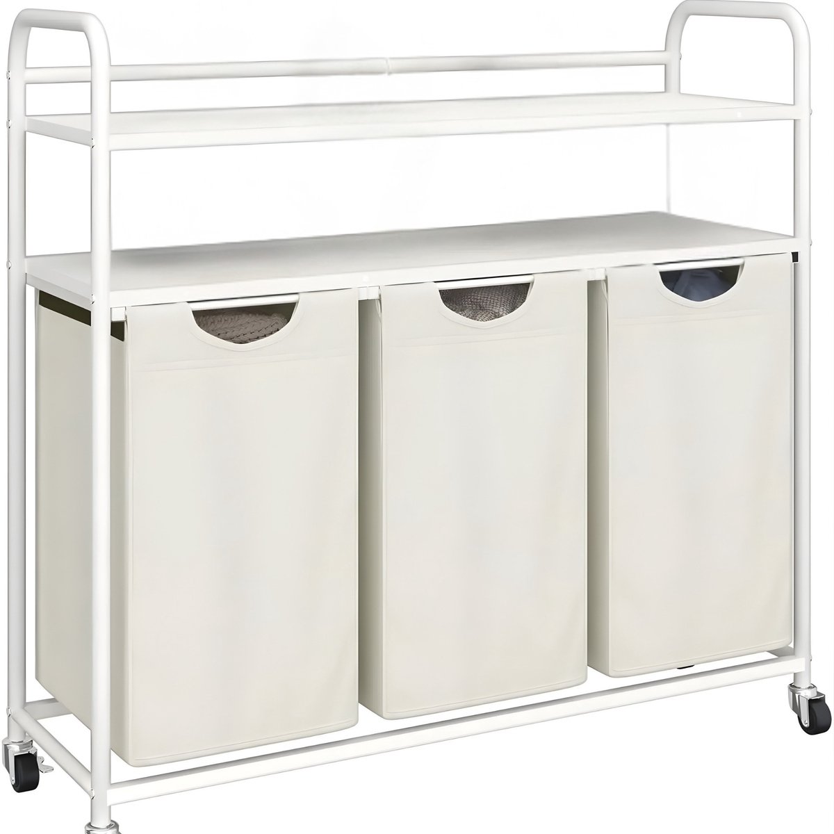 Wasmand – Voor Badkamer & Wasruimte – 3 Compartimenten (3×46L) met 2 Planken, Uitschuifbare Waszak – Ivoor