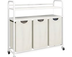 Wasmand – Voor Badkamer & Wasruimte – 3 Compartimenten (3×46L) met 2 Planken, Uitschuifbare Waszak – Ivoor