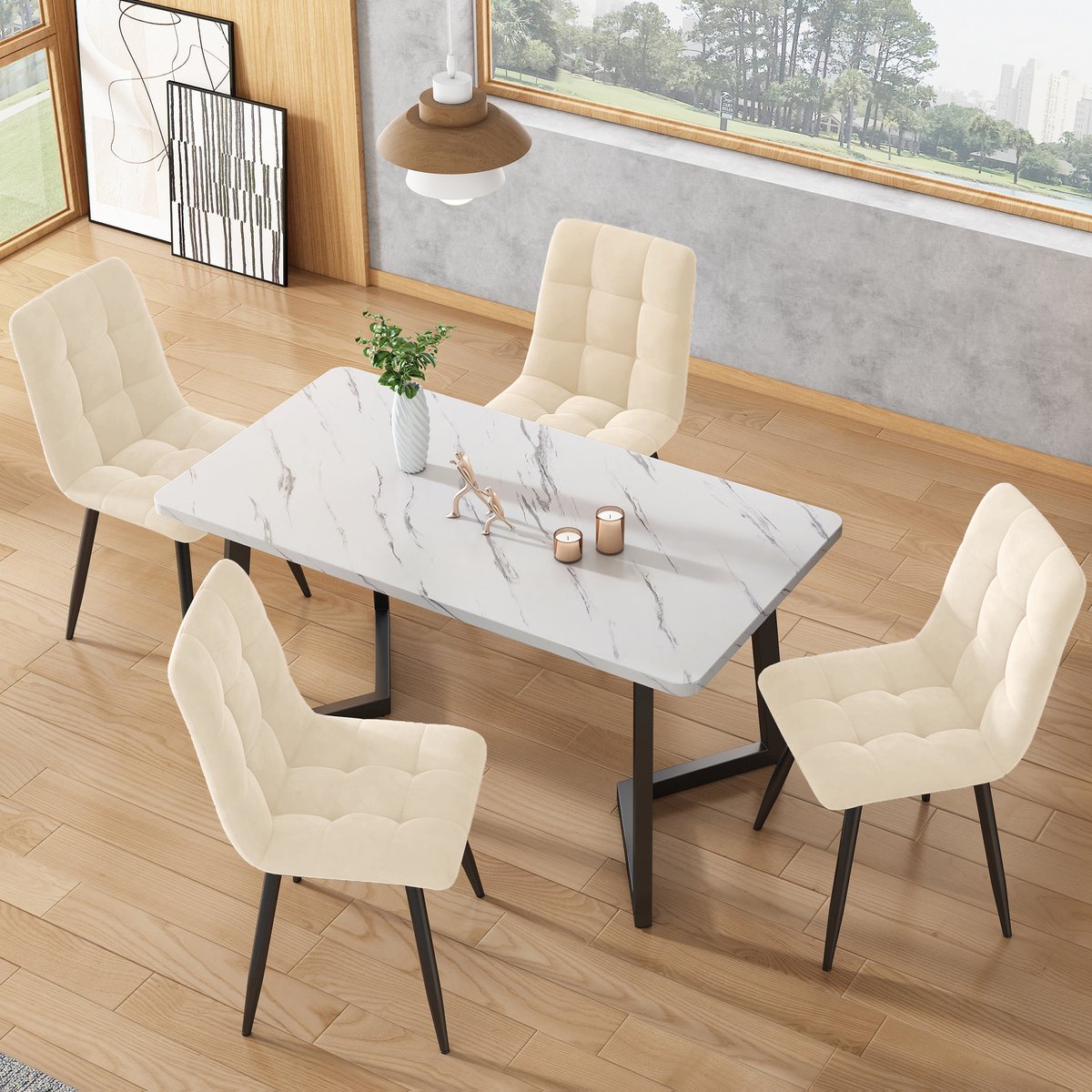 Moderne rechthoekige eettafelset - 5-delig - 1 eettafel en 4 stoelen - zwarte tafelpoten - wit tafelblad en beige eetstoelen