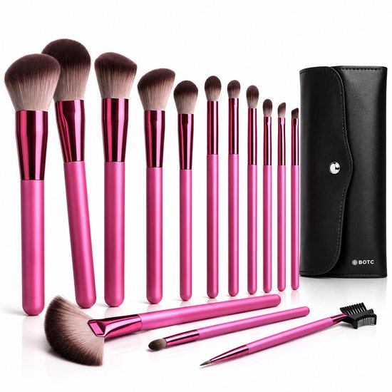 Set van 14 roze make-up kwasten en een zwart opberghoesje.