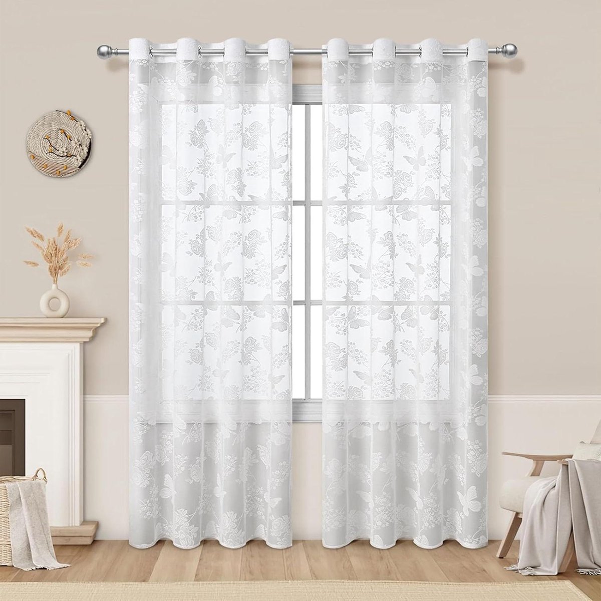 Kanten Gordijnen - Vitrage Panelen - Woonkamer Decoratie - Vlinder Bloemen Motief - 100x130cm - Wit