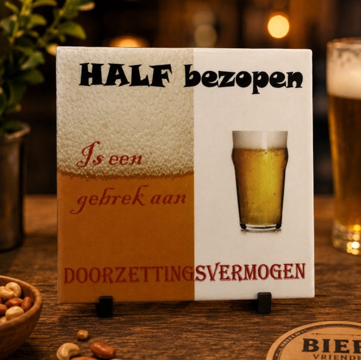 Grappig Tegeltje “Half Bezopen” – Bier Spreuk Tegel 15x15 cm – Cadeau voor Bierliefhebbers