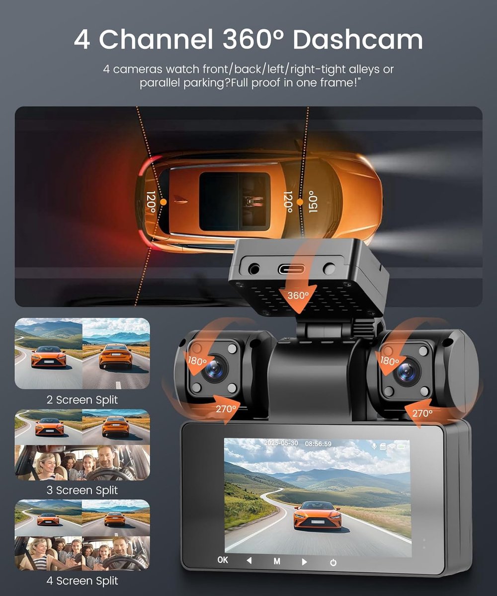 4-kanaals Dashcam - Auto Camera - Veilig Rijden - 360 Graden Opname - 2K 1080P - Zwart – foto 7